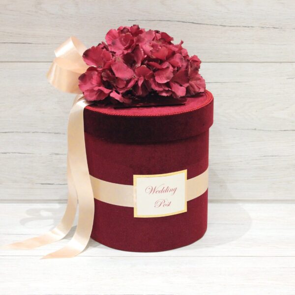 Personalized Card Box for Wedding ~ Custom Wedding Card Holder ~ Large Burgundy Velvet Card Box with Red Hydrangea and a Slot