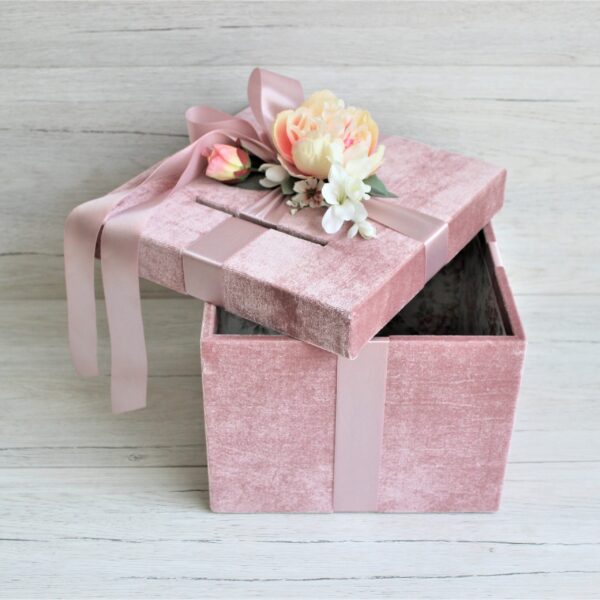 Wedding card box with slot - Dusty pink velvet wedding money box with flowers - Honeymoon fund box