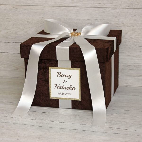 Brown Wedding Card Box Personalized Velvet Money Box Chocolate Brown Wedding Wish Box Wedding Favor Box Wishing Well With Ivory Ribbon