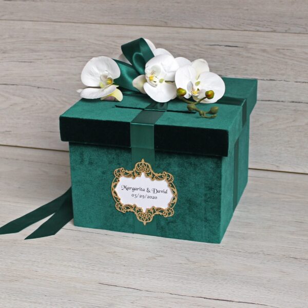 Elegant Handmade Green Velvet Wedding Card Box - A Timeless Treasure for Your Special Day, Custom wedding money box with white orchid