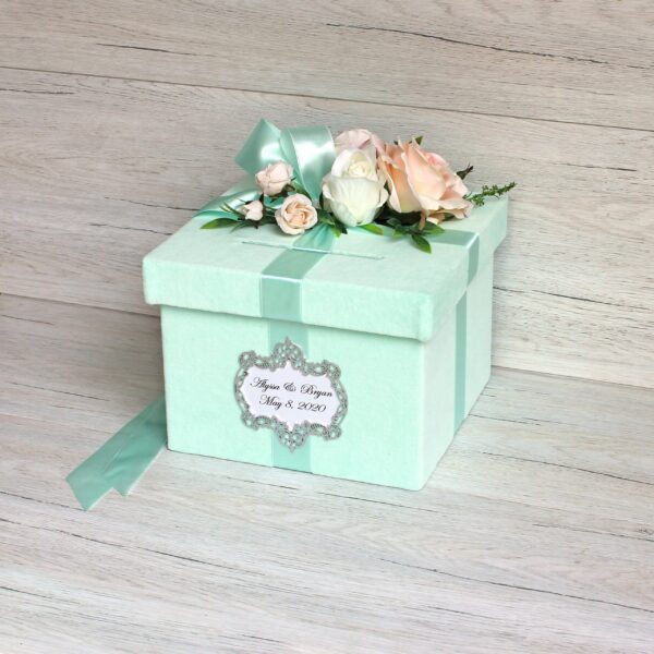 Large Wedding Card Box ~ Mint Green Velvet Money Box for wedding ~ Personalized Honeymoon Fund