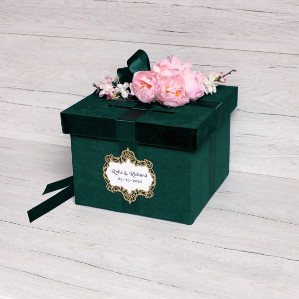 Green Wedding Card Box, Wedding Money Box, Wedding Keepsake Box Green Emerald Wedding Theme with pink peonies