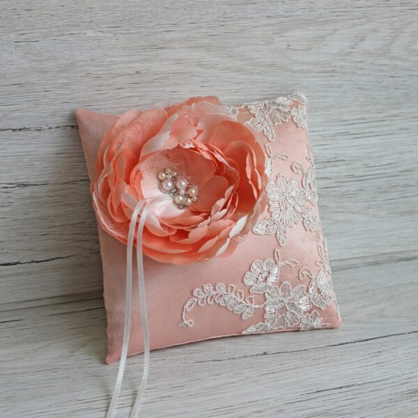 Peach Pink Ring Bearer Pillow, Rustic Wedding Ring Pillow, Custom Bridal Pillow, Wedding Ceremony Ring Holder, Ring Cushion, Lace Pillow