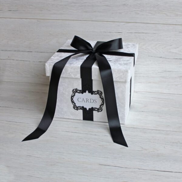 Personalised Money Box for Wedding ~ Custom Wedding Card Holder ~ Large White Velvet Card Box with Black Ribbons and a Slot