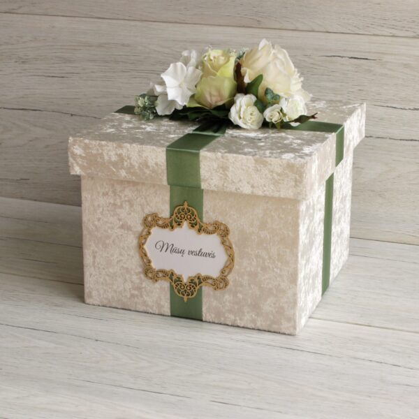 Wedding card box ~ Custom wedding card holder ~ Beige money box with green ribbon