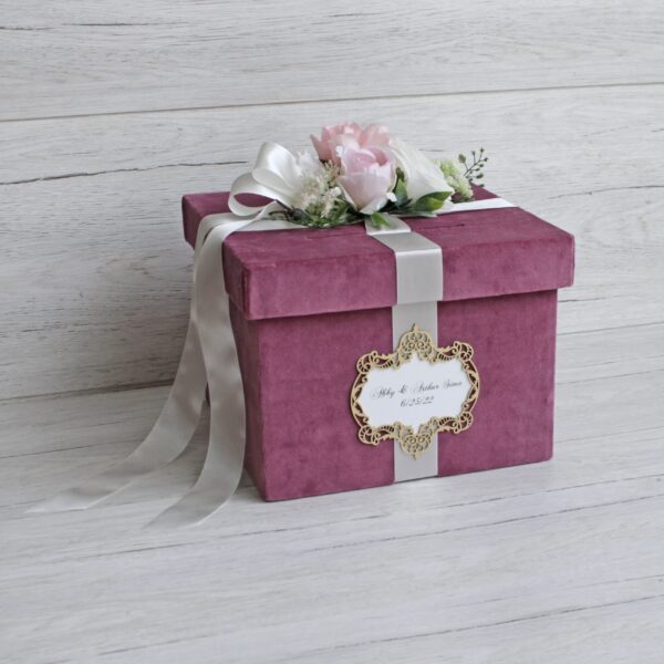 Mauve wedding card box, custom wedding money box, large personalised family fund box with slot