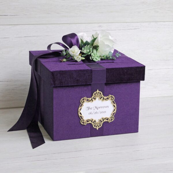 Purple Wedding Card Box, Violet Wedding Money Box, Wedding Keepsake Box with white roses Family Fund