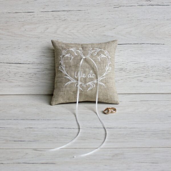 Handmade Linen Ring Bearer Pillow with Embroidery - We do - Rustic Charm